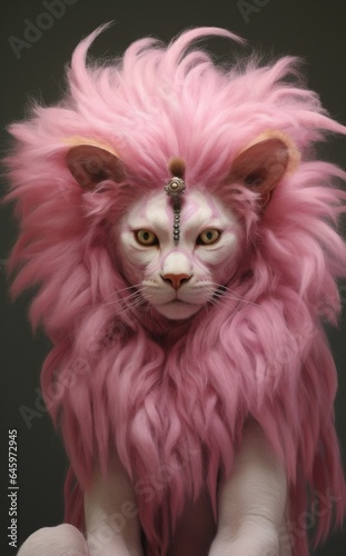 A whimsical portrait of an anthropomorphic cat with fluffy pink fur radiates joy and fun, delighting viewers with its unexpectedness and charm