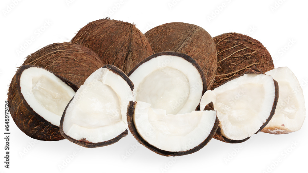 Set of whole coconuts and pieces of coconut on a blank background. PNG Set of whole coconuts and pieces of coconut on a blank background. PNG