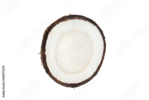 Half a coconut in a coconut shell on a blank background. PNG