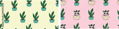 A set of seamless patterns with indoor plants. Nice sweet atmsphere. For fabric, scrapbooking, postcards, paper
