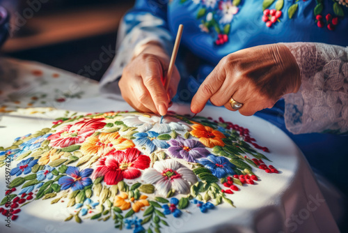 Amateur needleworker creates exquisite, detailed embroidery.