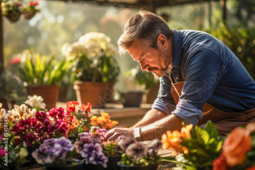 Passionate gardener meticulously tends to his beloved plants with love and dedication © Microgen