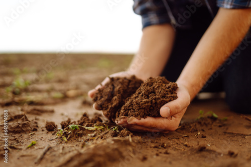 Farmer's hands holding soil, checking soil health before sowing. Close-up of hands with black soil. Business or ecology concept.