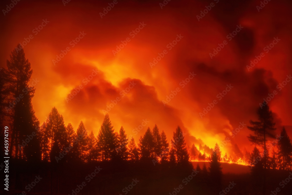 Dramatic red sky with heavy smoke over ferocious forest wildfire