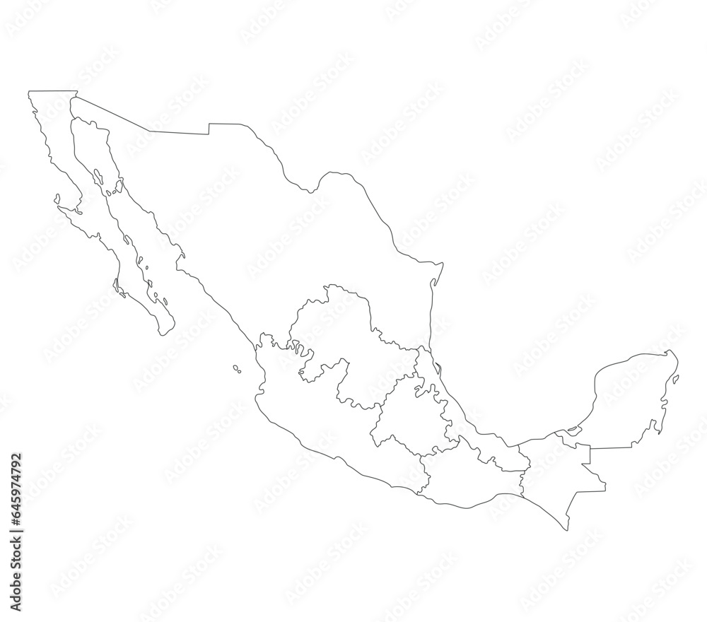 Map of Mexico with administrative regions in white color. Mexican map ...