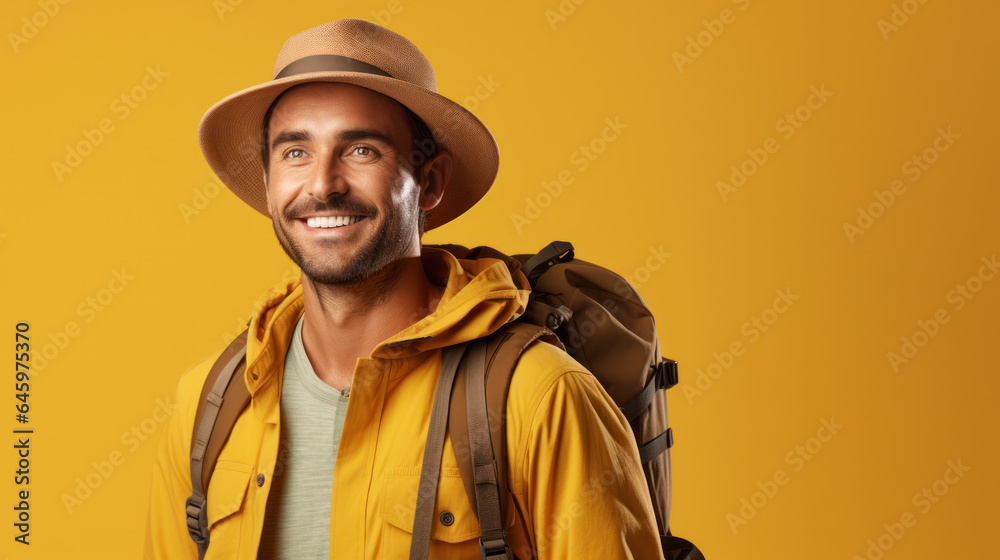 Man tourist with big bag, backpack, isolated on yellow background. Man tourist with big bag, backpack, isolated on yellow background.