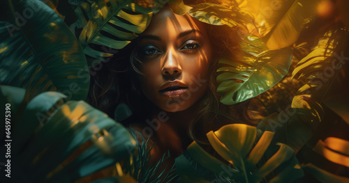 beautiful woman staring at the camera from behind a lush tropical arrangement of leaves