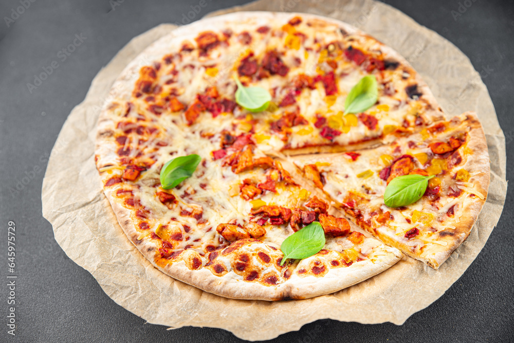 pizza thin dough wood-fired oven, meat, bacon, cheese Cooking appetizer meal food snack on the table pizza thin dough wood-fired oven, meat, bacon, cheese Cooking appetizer meal food snack on the table