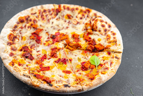 pizza thin dough wood-fired oven, meat, bacon, cheese Cooking appetizer meal food snack on the table