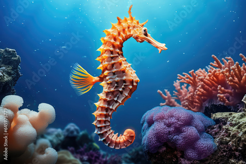 Sea horse in vibrant coral reef © Kien