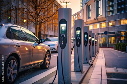 Modern fast electric vehicle chargers for charging car on the city street. Eco-friendly sustainable energy concept. A bank of electric car chargers.