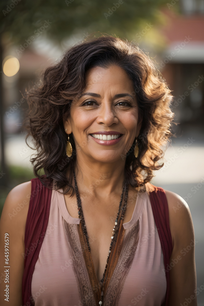 Obraz premium Portrait of a confident, smiling middle-aged Hispanic woman in her 40s or 50s, radiating positivity outdoors, showcasing Latin American pride. Image created using artificial intelligence.