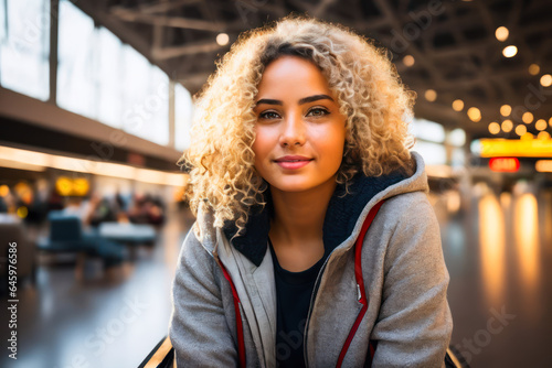 Portrait of happy young female tourist at the departure hall of a modern airport. Travel concept