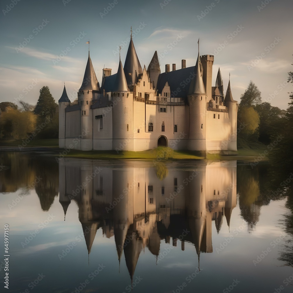 A symmetrical reflection of a medieval castle in a calm moat3