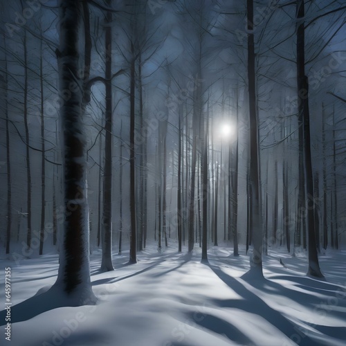 A moonlit forest with the trees casting long shadows on a snowy landscape2 photo