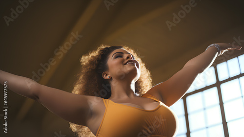 Joyful Dance Workout: Curvy Woman Embracing Movement with Enthusiasm