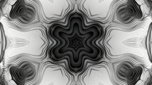 3D render of black and white monochrome abstract art with part of surreal alien hypnotic fractal kaleidoscopic outline floral symmetry structure.