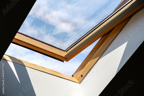 Roof window close up and wooden window frame on background of blurred sky.