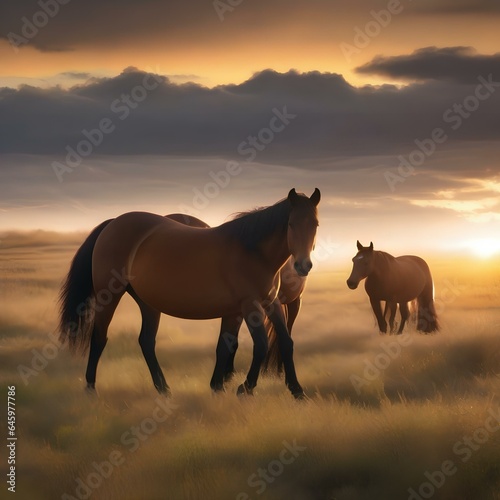 A tranquil meadow with wild horses grazing under a golden sunset3 © Ai.Art.Creations