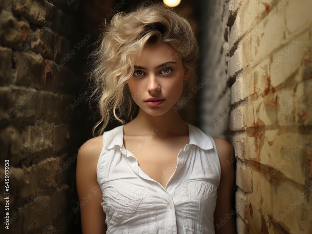 A blonde-haired young woman in white clothes, with an intense gaze, posing against a white and gray stone wall.