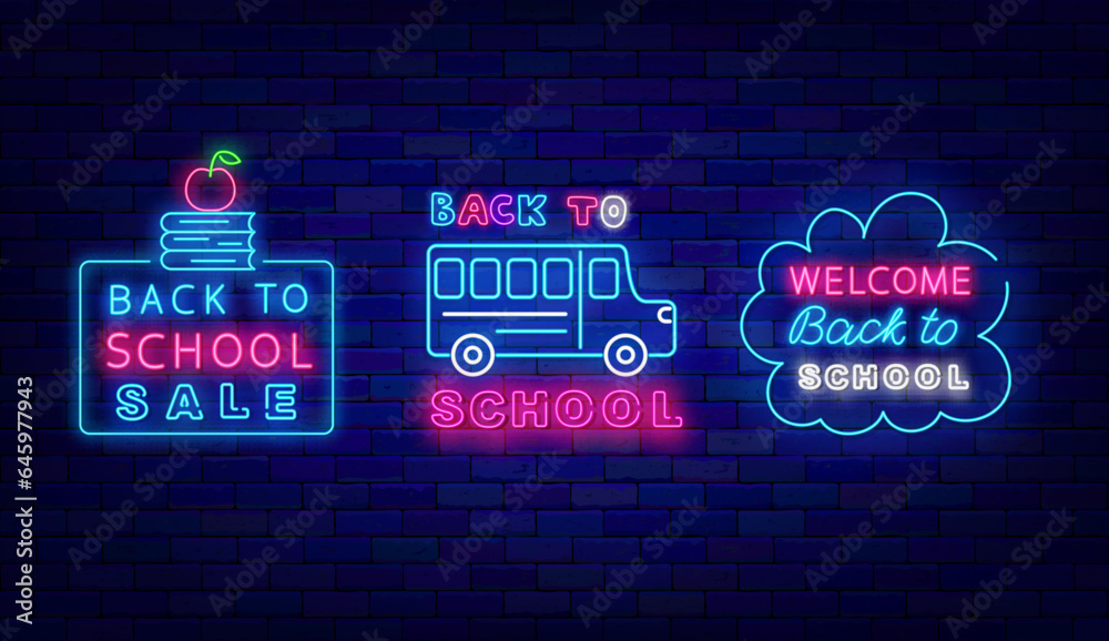 Back to school sale neon labels collection. Bus icon. Cloud Frame. Vector illustration