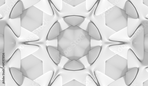 3D render of black and white monochrome abstract art with part of surreal alien hypnotic fractal kaleidoscopic outline floral symmetry structure.