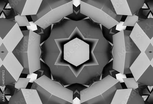 3D render of black and white monochrome abstract art with part of surreal alien hypnotic fractal kaleidoscopic outline floral symmetry structure.
