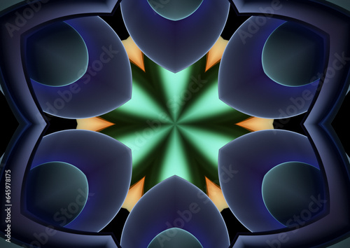 3D render, an abstract background of floral kaleidoscope, colorful paper flowers ornament. Modern wallpaper. 3d Illustration