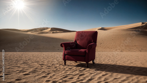 purple elegant empty armchair stands in desolate desert