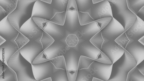 3D render of black and white monochrome abstract art with part of surreal alien hypnotic fractal kaleidoscopic outline floral symmetry structure.