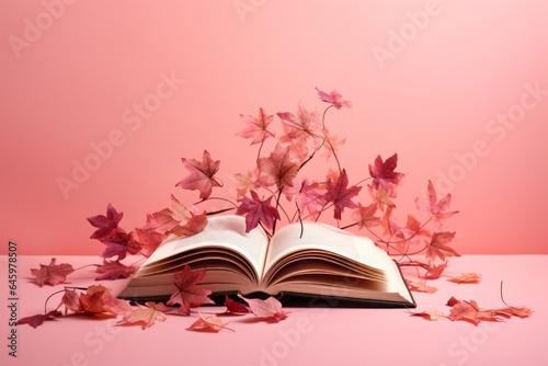 Minimal concept of autumn and books, Open book, on which there are fallen leaves, red leaves around book, pastel pink background. © Dragan