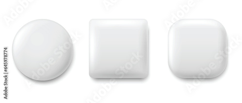 3D empty plastic buttons on white background. White square, round shapes with shadow, top view.
