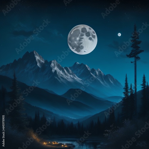 a painting of a night scene with a full moon and mountains in the distance with trees and stars in the sky with a full moon in the middle