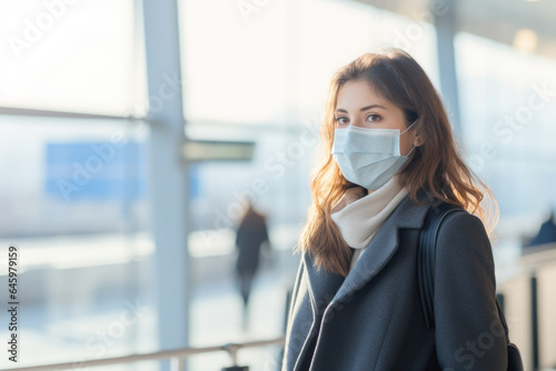 Woman Traveling at Airport with Face Mask - Generative AI