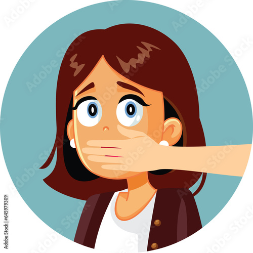 Hand the Mouth of a Female Victim Vector Concept Illustration. Scared woman being abducted by a violent perpetrator 

