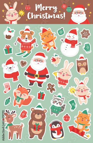 Crisrmas sticker sheet with cute characters for print. Santa Claus, bear, snowman, penguin, bunny, fox. Merry Christmas and Happy New Year. Vector illustration