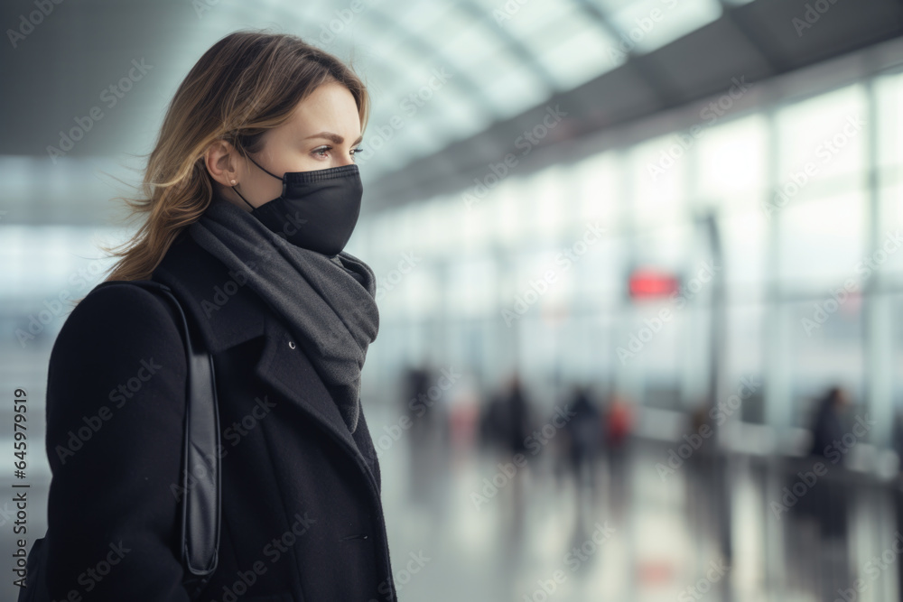 Woman Traveling During the Holiday at Airport with Face Mask - Generative AI Woman Traveling During the Holiday at Airport with Face Mask - Generative AI