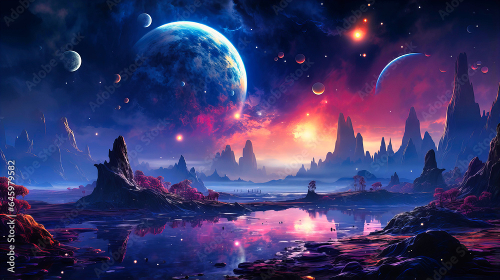 Whimsical galaxies with floating planets and stars Whimsical galaxies with floating planets and stars
