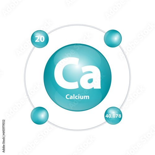 Icon structure Calcium (Ca) chemical element round shape circle dark green with surround ring Number shows of energy levels of electron. Study science for education 3D Illustration vector.