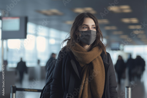 Woman Traveling During the Holiday at Airport with Face Mask - Generative AI