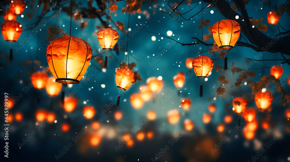 Obraz premium Paper lanterns floating in night sky
