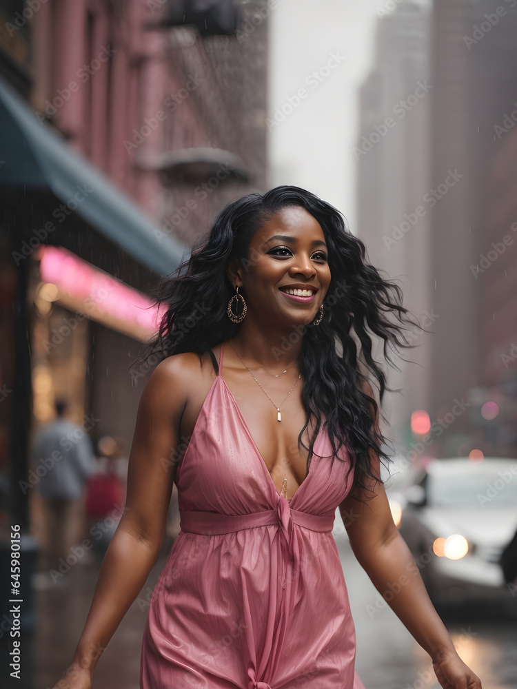 Happy mid age black woman with black long hair in pink dress dancing in the rain on the street. Image created using artificial intelligence.