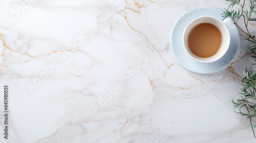 Close-Up of Hot Cappuccino in a White Coffee Cup with Heart-Shaped Latte Art on a Luxurious White Marble Table with Golden Accents and Gold Bokeh Lights in the Background - Caf   Food and Drink Concept