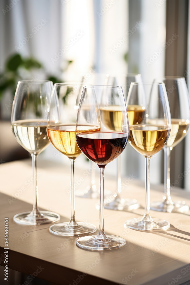 a display of different wines in glasses for tasting in a neutral environment a display of different wines in glasses for tasting in a neutral environment