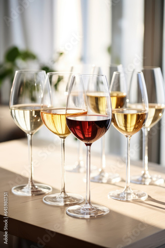 a display of different wines in glasses for tasting in a neutral environment 