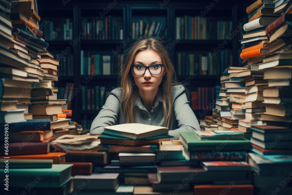Student with stacks of books at desk in library Student with stacks of books at desk in library