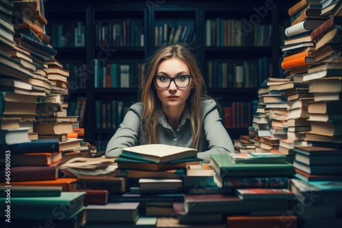 Student with stacks of books at desk in library