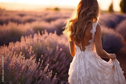 Behind shot woman on lavender flower field sunset time  Generative with Ai.