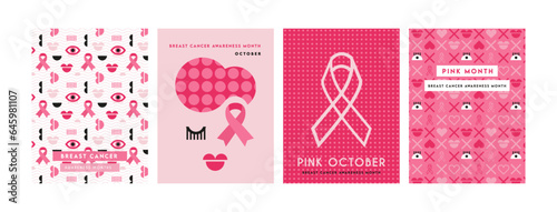 Breast Cancer Awareness Month. Concept design with pink ribbon and woman and patterns. set Vector Illustration