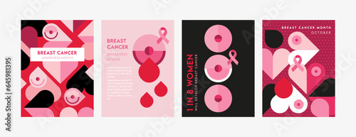 posters set for October Breast Cancer awareness month in geometric style. Creative designs with pink ribbon, pink woman and patterns. Vector illustrations.